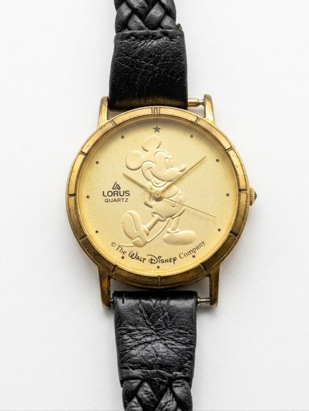 Vintage Disney Mickey Mouse Lorus Quartz Watch Black Braided Leather Band Gold